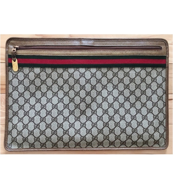 Gucci Handbags - Authentic Vintage Gucci Web Brown Monogram Canvas Leather Portfolio with COA